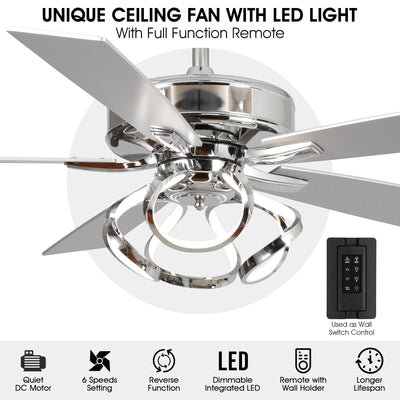 52 Modern Chrome/ Black Indoor Dimmable LED Ceiling Fan with Light and Remote