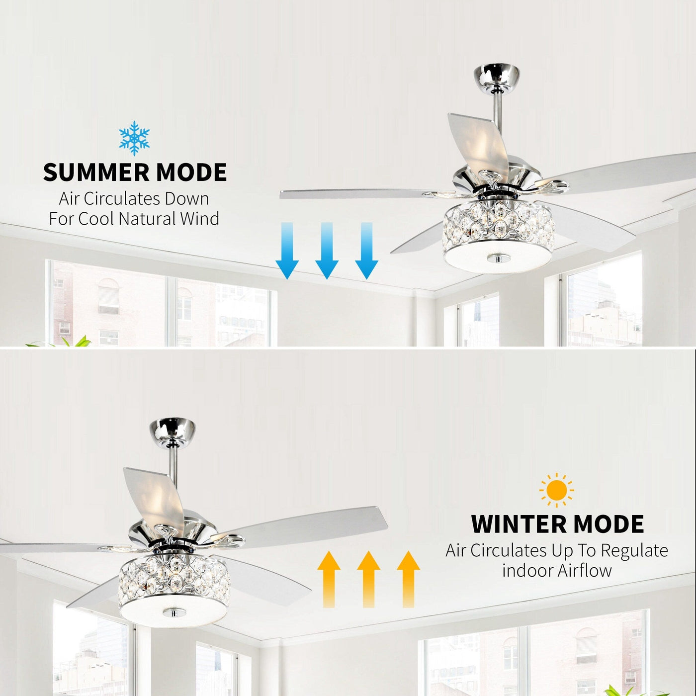 52 Modern 4-Light Chandelier Crystal Ceiling Fan with Remote