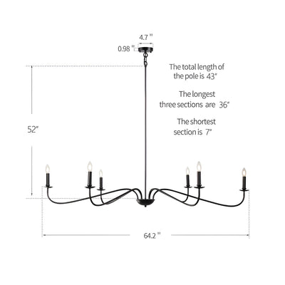 6 Light 64 Inches Minimalist Chandelier in Matte Black / Gold /Chrome - N/A