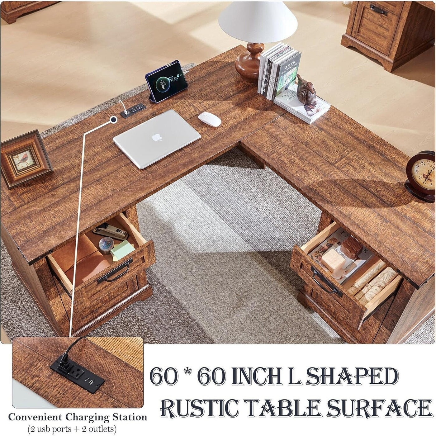 60 Farmhouse L Shaped Executive Desk, Wood Corner Desk, Computer Desk