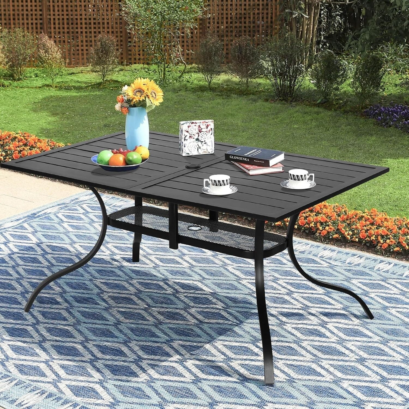 60 x 37 Outdoor Patio Rectangular Metal Slatted Dining Table with Umbrella Hole for 6 Person
