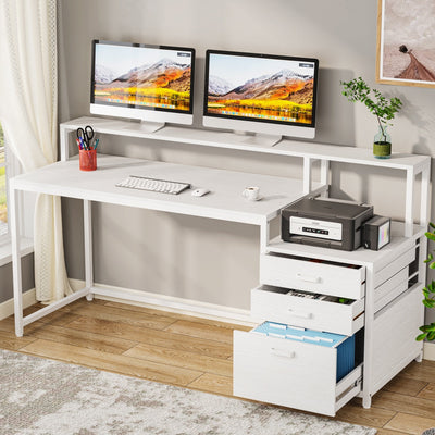 63 Computer Desk with Monitor Stand, Ergonomic Home Office Desks with Drawers File Cabinet