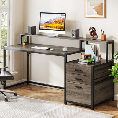 63 Computer Desk with Monitor Stand, Ergonomic Home Office Desks with Drawers File Cabinet
