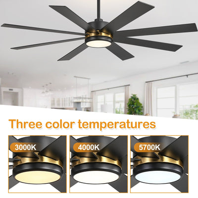 65 Inch 8-Blade Black LED Ceiling Fan with Light and Remote