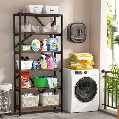 71 Industrial Bookshelf, 6 Tier Rustic Brown Wood Etagere Bookcase, Open Book Shelves