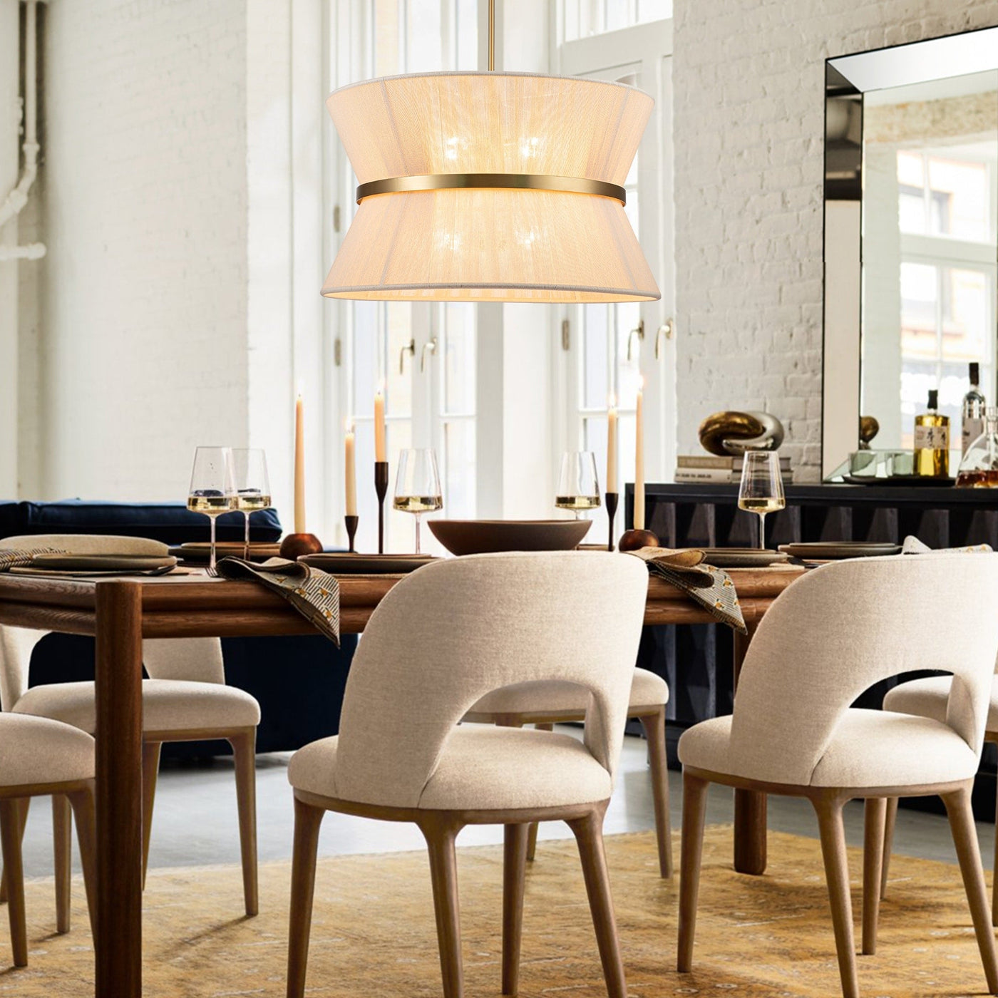 8-Light Modern Boho Large Drum Chandelier 24 inch Fabric Hourglass Hand-woven Chandelier in Gold/ Black for Dining/ Living Room