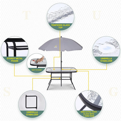 8-Piece Patio Dining Set, Garden Outdoor Table Set with Removable Umbrella, Glass Table, and 6 Folding Chairs