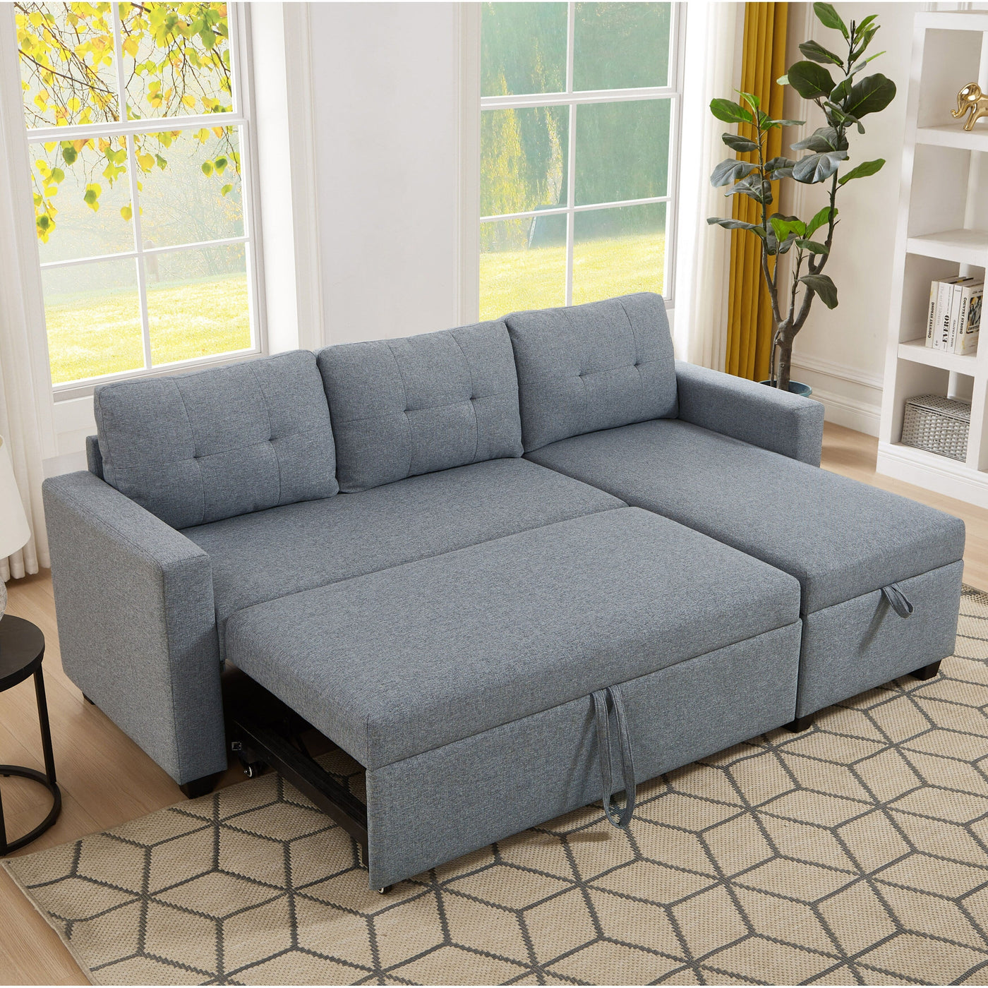 81.5'' Upholstered Convertible 3 Seater Sleeper Sofa with Pull-Out Bed, Reversible Storage Chaise, and Back Cushions