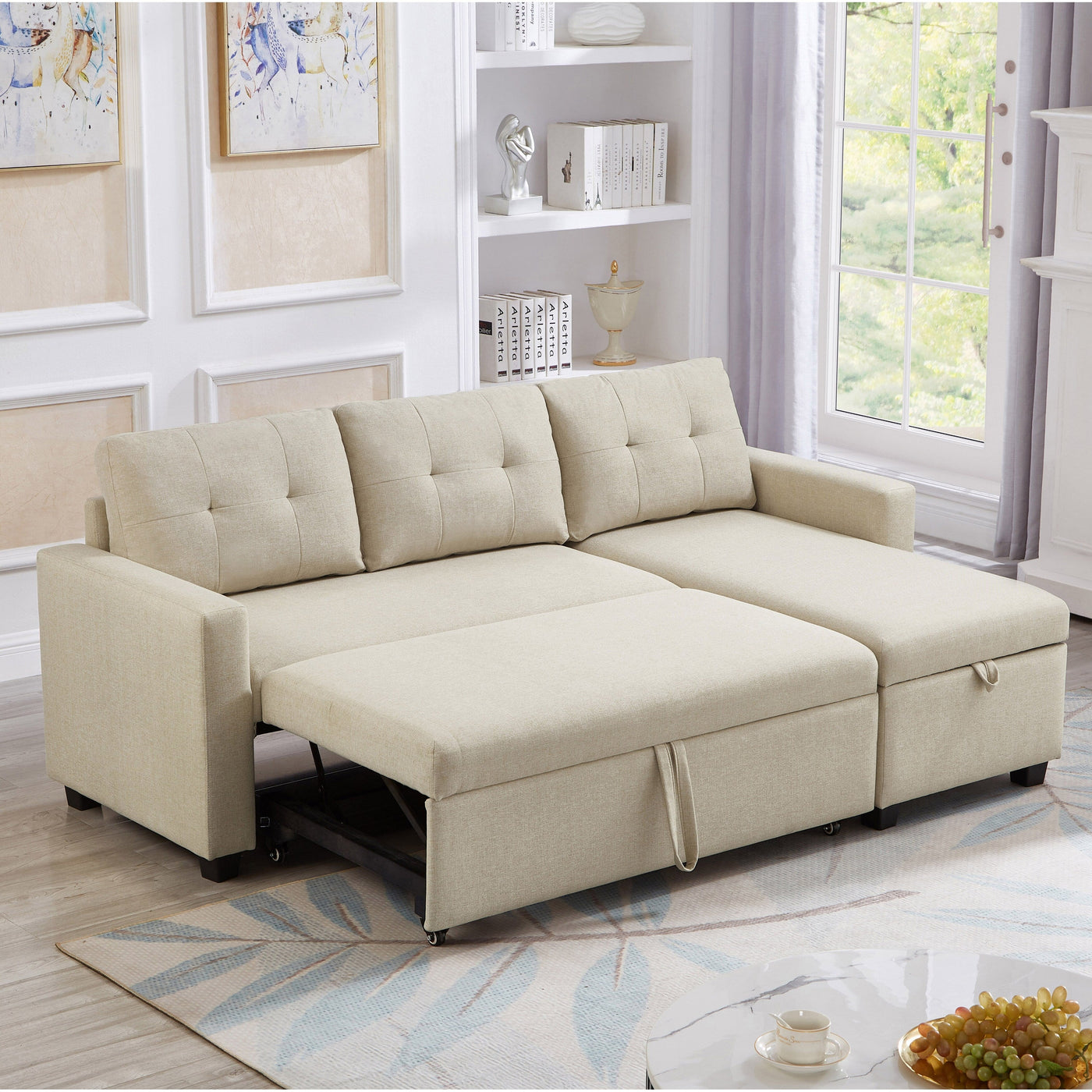 81.5'' Upholstered Convertible 3 Seater Sleeper Sofa with Pull-Out Bed, Reversible Storage Chaise, and Back Cushions