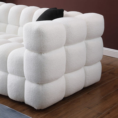 84.3 Luxurious Large Boucle Sofa 3 Seater Marshmallow Upholstered Sofa with 2pc Square Accent Pillows and Square Arm