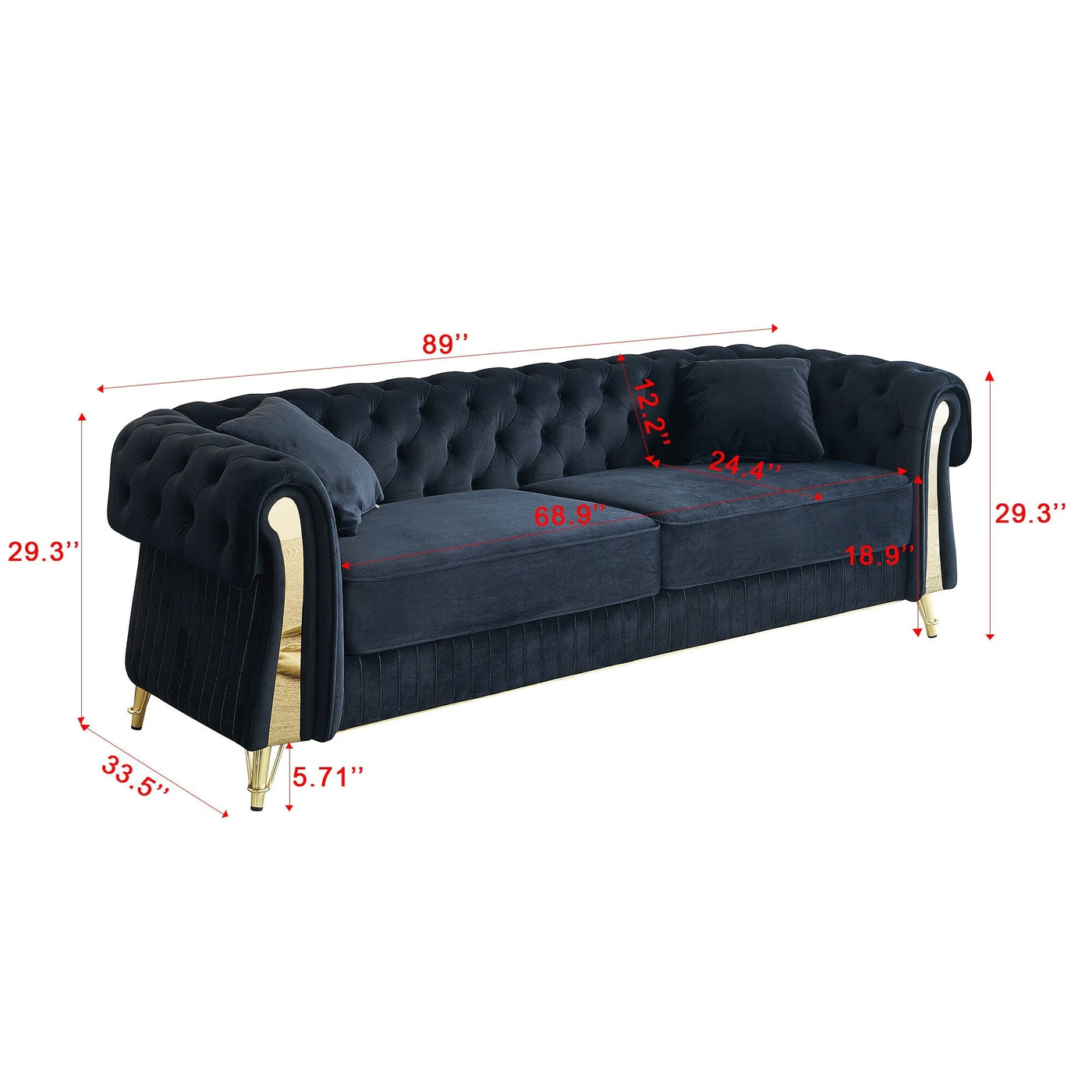 89 Velvet 3-Seater Sofa Sofa with Two Seat Cushions and Two Toss Pillows