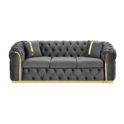 90.6 Velvet 3-Seater Sofa with 2 Pillows High-Density Cushions, Gold Accents, and Pillows