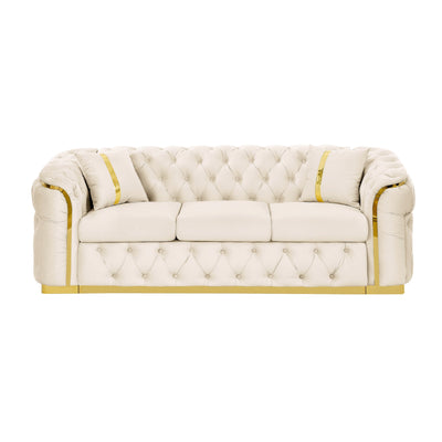 90.6 Velvet 3-Seater Sofa with 2 Pillows High-Density Cushions, Gold Accents, and Pillows