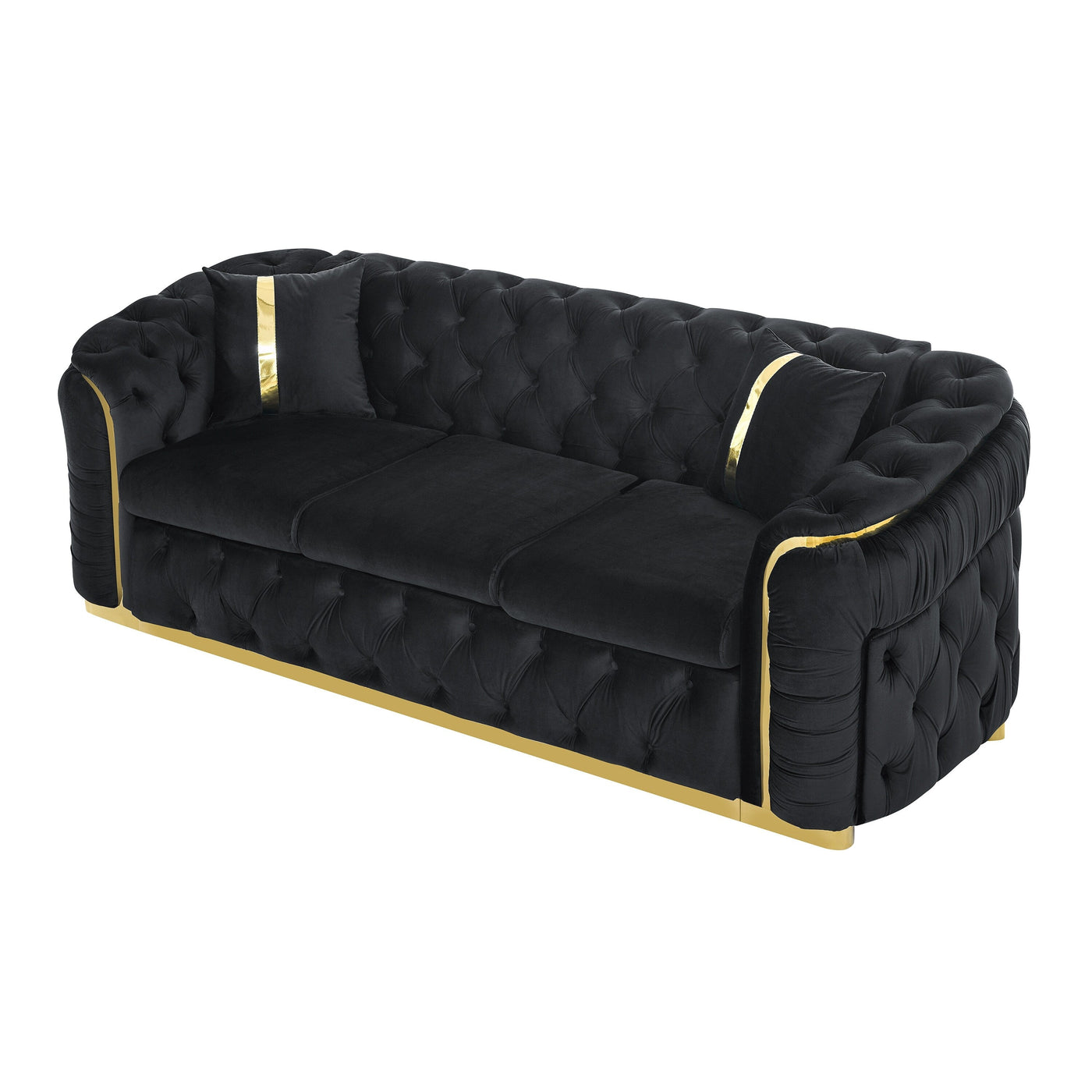 90.6 Velvet 3-Seater Sofa with 2 Pillows High-Density Cushions, Gold Accents, and Pillows