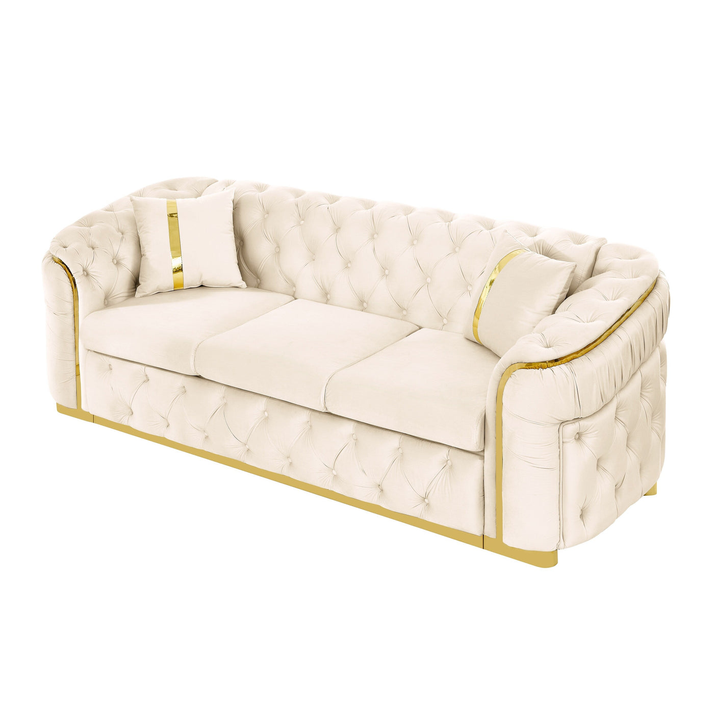 90.6 Velvet 3-Seater Sofa with 2 Pillows High-Density Cushions, Gold Accents, and Pillows