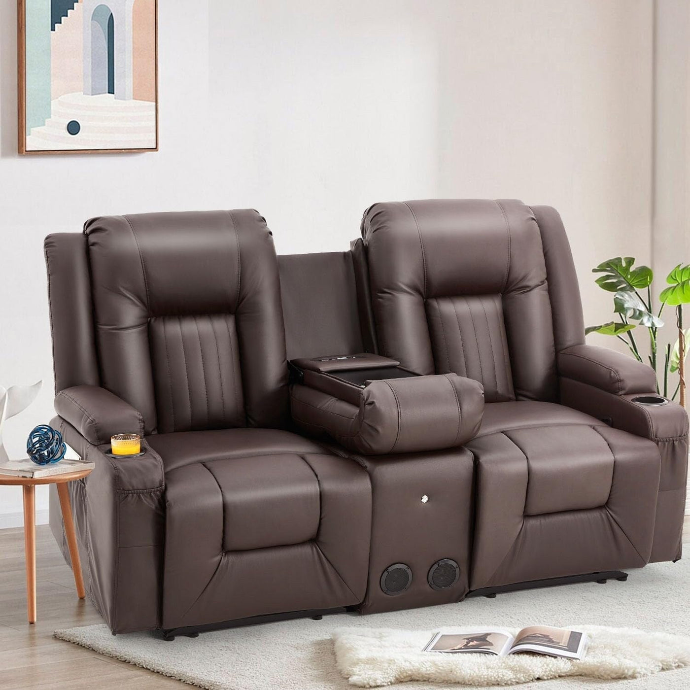 AECOJOY Recliner Sofa Manual RV Reclining Couch PU Home Theater Seating w/ Console