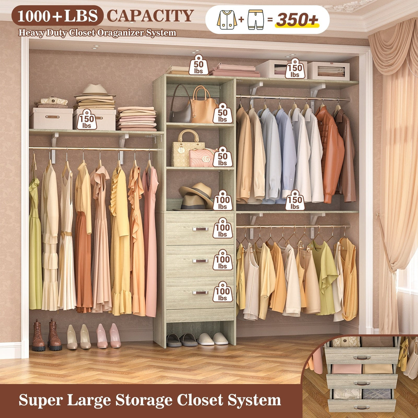 Rackcog 120'' Adjustable Closet Organizer with Drawers, Closet System with DIY Shelves for Reach-in and Walk-in Closet