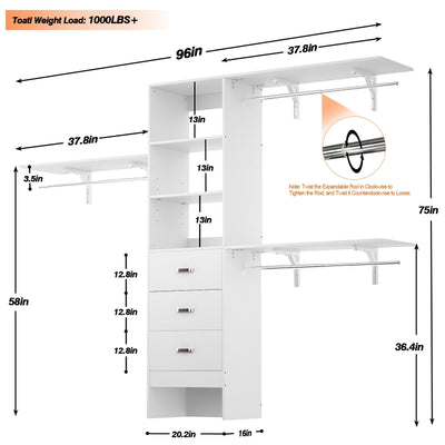 Rackcog 120'' Adjustable Closet Organizer with Drawers, Closet System with DIY Shelves for Reach-in and Walk-in Closet