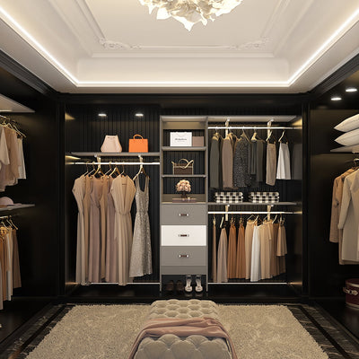 Rackcog 120'' Adjustable Closet Organizer with Drawers, Closet System with DIY Shelves for Reach-in and Walk-in Closet