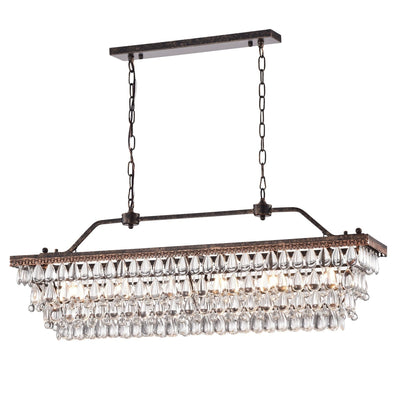 Antique Bronze 6-Light Rectangular Kitchen Island Lighting with Crystal Hanging - Antique Bronze