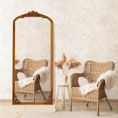 Arched Full-Length Solid Wood Carving Floor Mirror