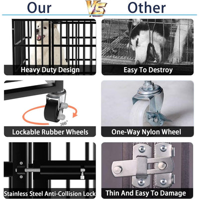 BOSSIN 48/38 inch Heavy Duty Indestructible Dog Crate, Escape Proof Dog Cage Kennel with Lockable Wheels