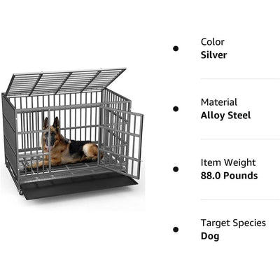BOSSIN 48/38 inch Heavy Duty Indestructible Dog Crate, Escape Proof Dog Cage Kennel with Lockable Wheels