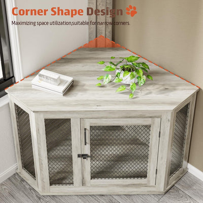 BOSSIN Corner Dog Crate Furniture,44/52 inch Wooden Dog Kennel Furniture with Mesh,Decorative Wood Dog House for Indoor use