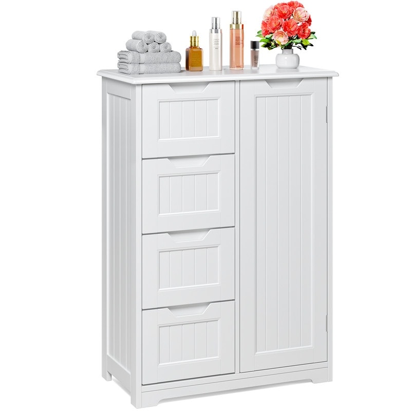 Bathroom Floor Storage Cabinet, Free-Standing Floor Storage Cabinet with 4 Draws and Adjustable Shelf