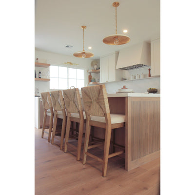 Beacon Bohemian Boucle Bar Stool, Upholstered Counter Height Chair with Solid Wood Frame and Woven Seagrass Back