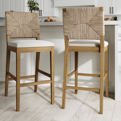 Beacon Bohemian Boucle Bar Stool, Upholstered Counter Height Chair with Solid Wood Frame and Woven Seagrass Back