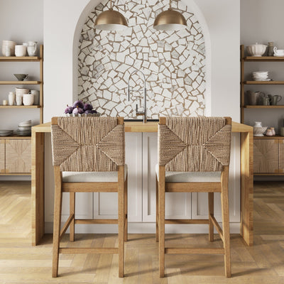 Beacon Bohemian Boucle Bar Stool, Upholstered Counter Height Chair with Solid Wood Frame and Woven Seagrass Back