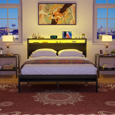 Farmhouse Wood Platform Bed Frame with Charged Station and LED Lights