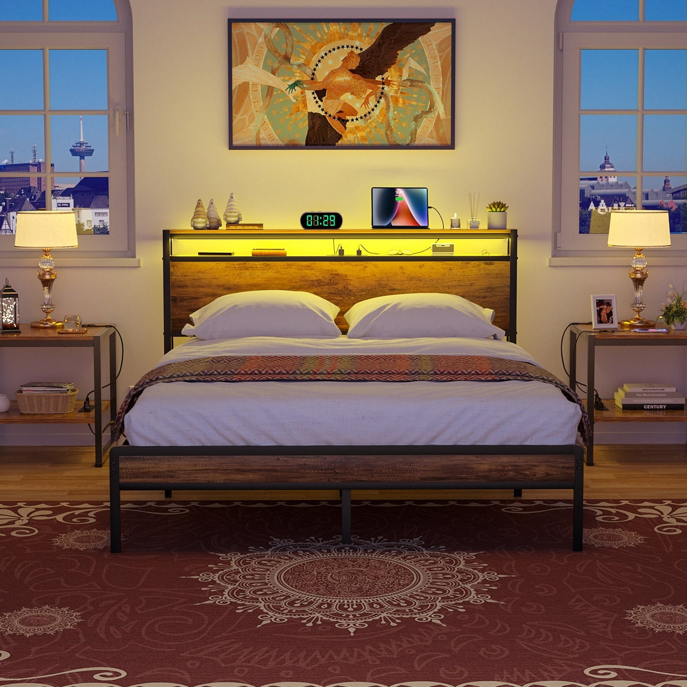 Farmhouse Wood Platform Bed Frame with Charged Station and LED Lights