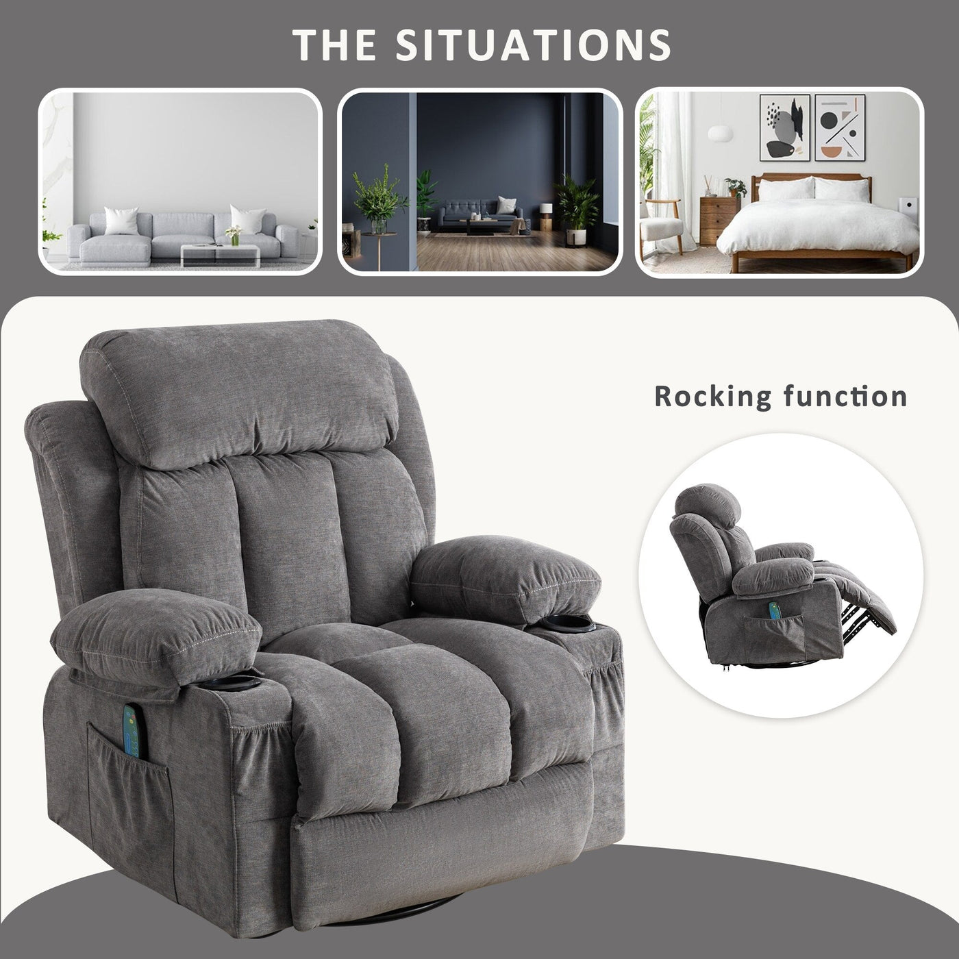 Beige Swivel Recliner with Massage, Heat & USB Charging