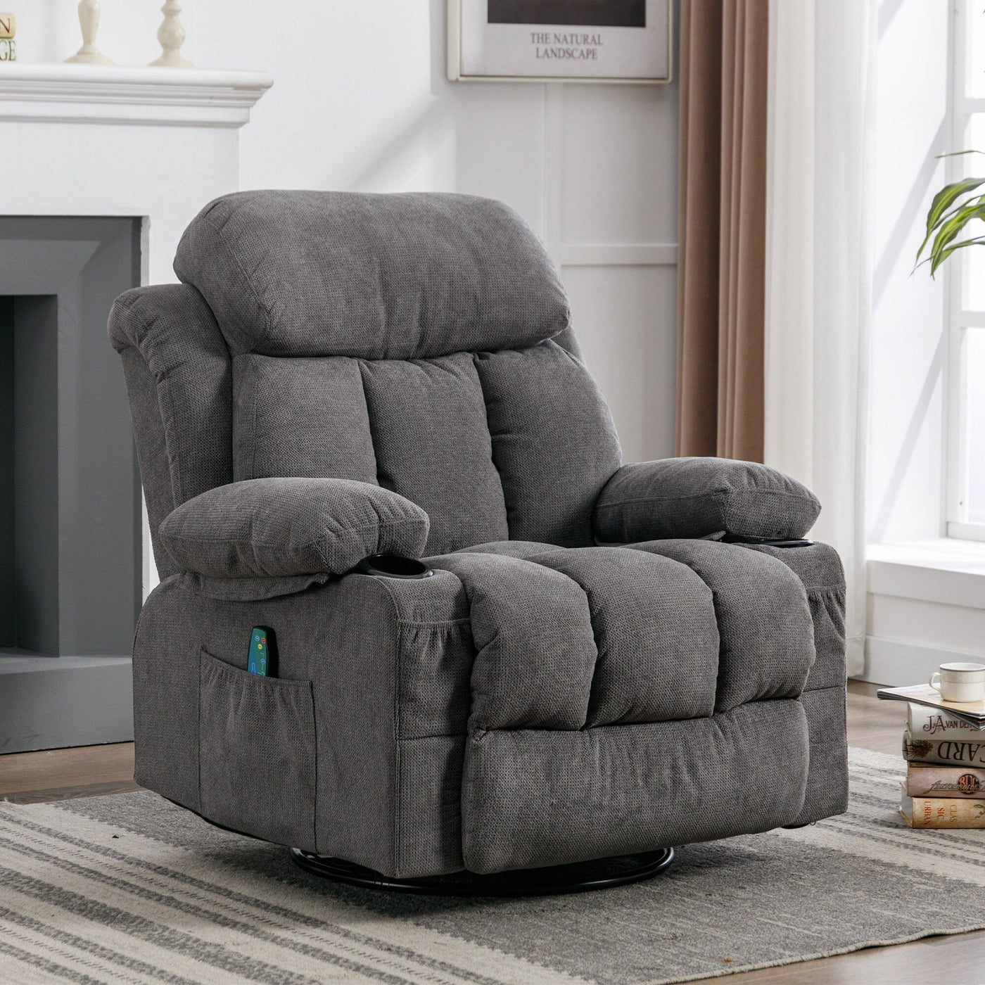 Beige Swivel Recliner with Massage, Heat & USB Charging