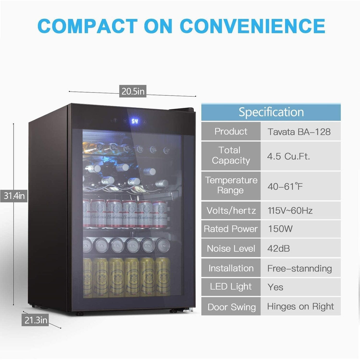 4.4cu.f Wine Cooler with LED Lights and Touch Buttons, Removable Shelves, Less Than 38dB