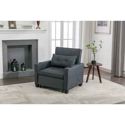 Black Faux Leather Convertible Sofa Bed with USB Ports