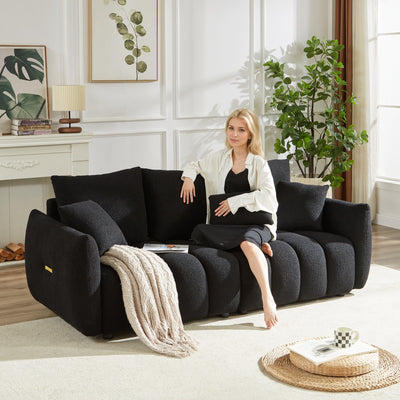 Black Teddy 3-seater Sofa with Back Pillows and Wood Frame