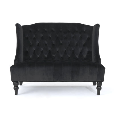 Black Velvet Button Tufted High Wingback Loveseat Sofa