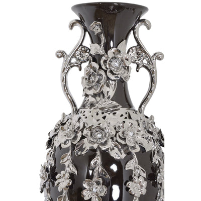 Black and Silver Floret Jeweled Stunning Vase 35 Inches Tall