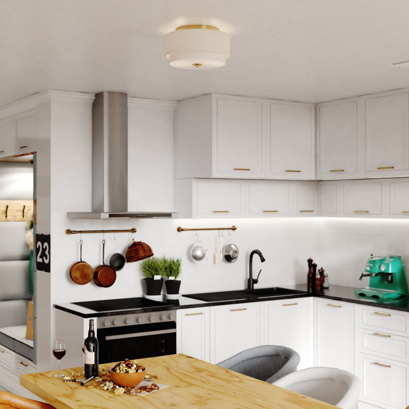 Burnaby Mid-Century Modern Ceiling Mount Light White Linen Drum Shade