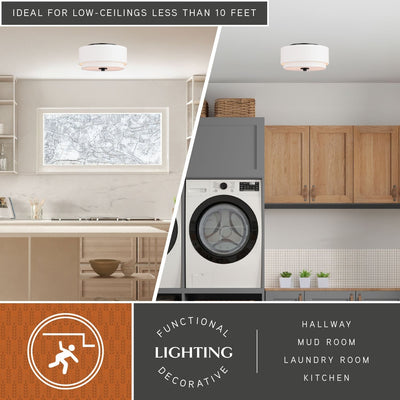 Burnaby Mid-Century Modern Ceiling Mount Light White Linen Drum Shade