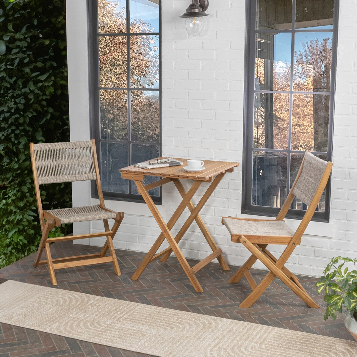 Cadiz Modern Coastal 3-Piece Acacia Wood Outdoor Folding Bistro Set, by JONATHAN Y