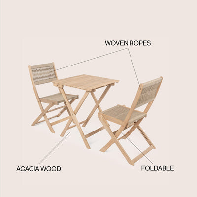 Cadiz Modern Coastal 3-Piece Acacia Wood Outdoor Folding Bistro Set, by JONATHAN Y