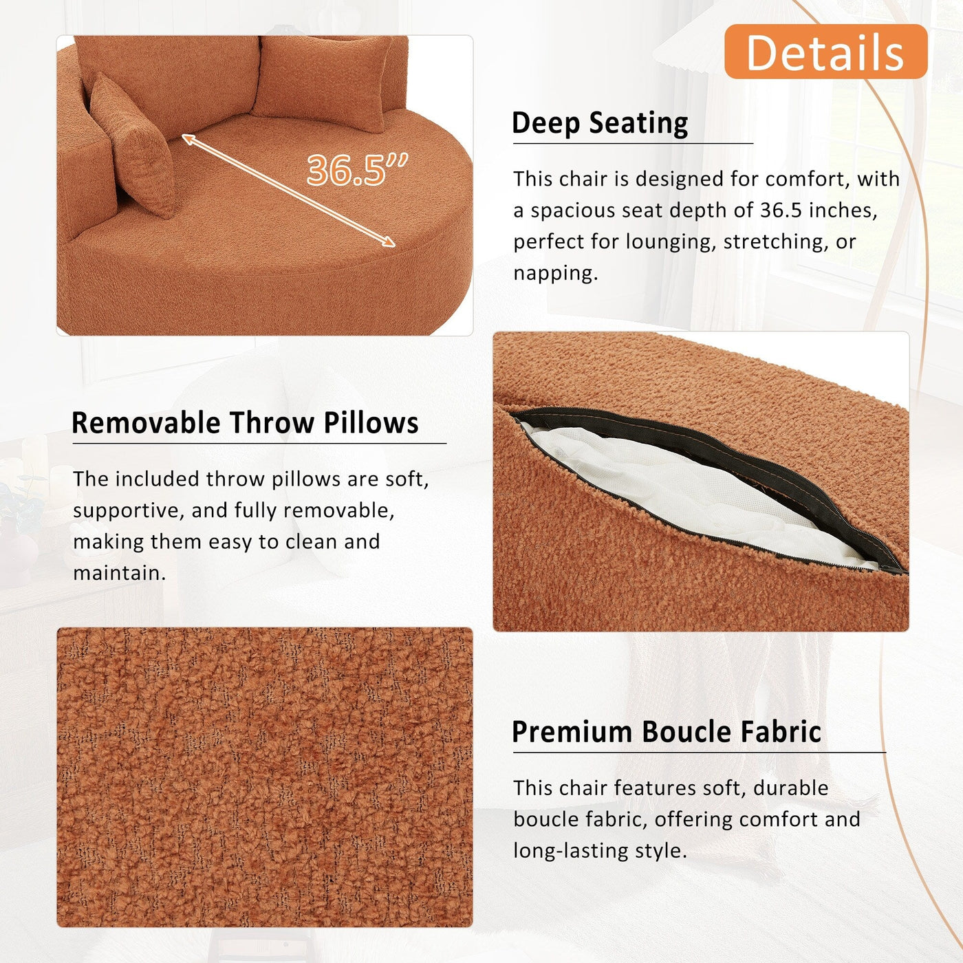 Chenille Accent Barrel Chair Lounge Chair, Round Sofa Chair Armchair with 360-Degree Swivel Base and 3 Removable Pillows