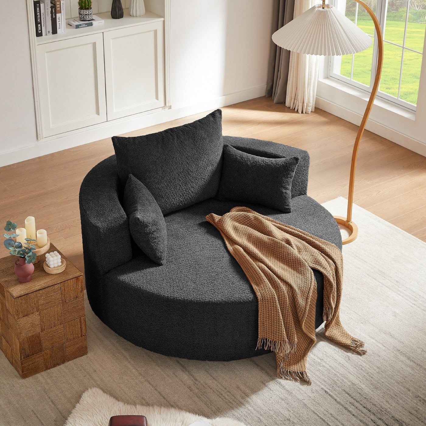 Chenille Accent Barrel Chair Lounge Chair, Round Sofa Chair Armchair with 360-Degree Swivel Base and 3 Removable Pillows