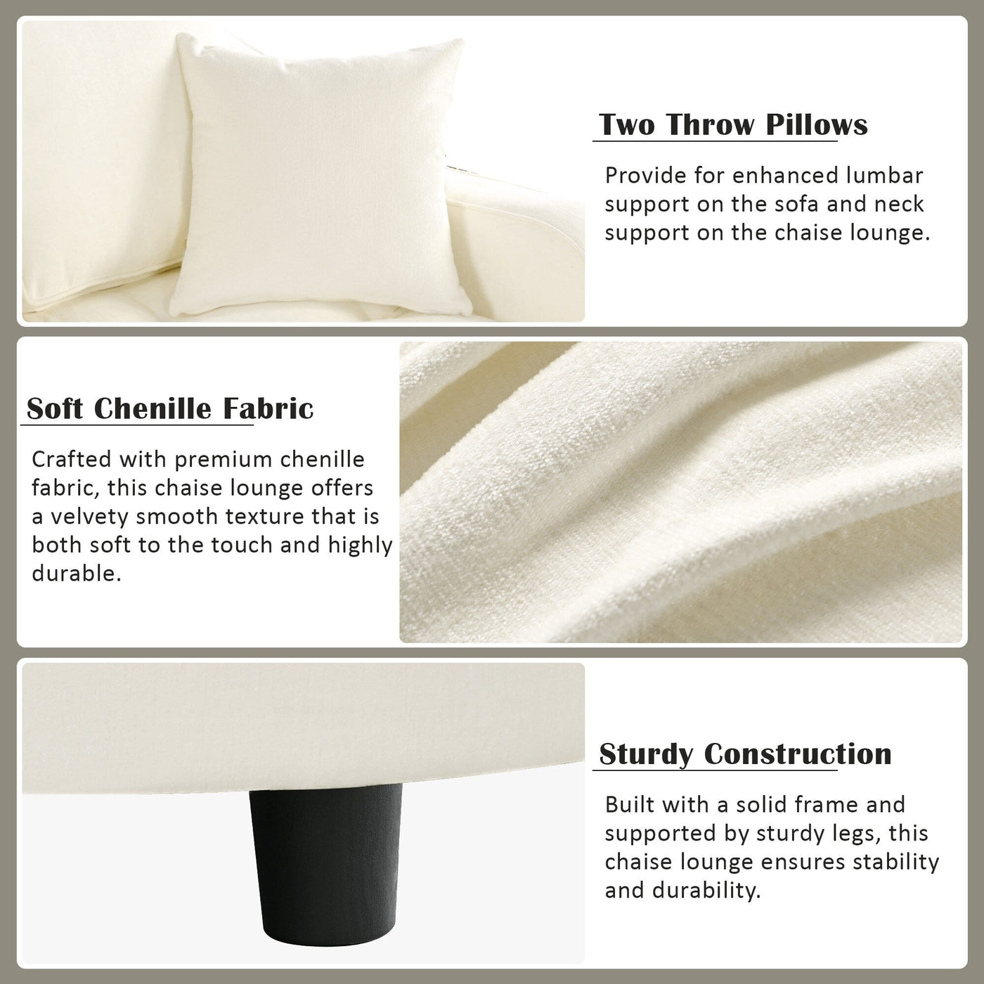 Chenille Chaise Lounge Sofa Bed, Upholstered Sofa Couch with Tufted Backrest and 2 Detachable Pillows for Living Room