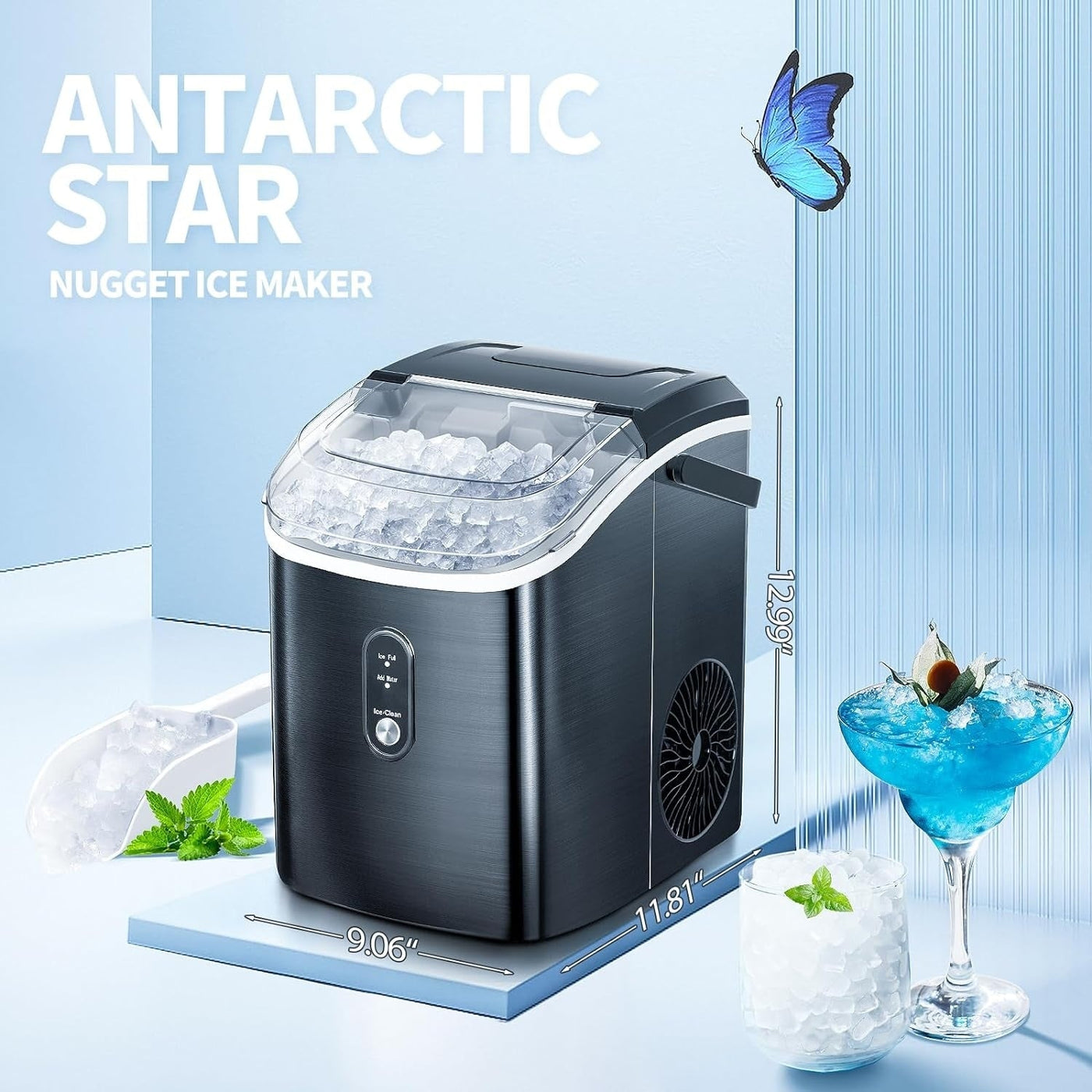 Nugget Ice Portable Countertop Ice Maker with Mechanical Buttons, Equipped with Ice Basket and Ice Scoop, Stainless Steel