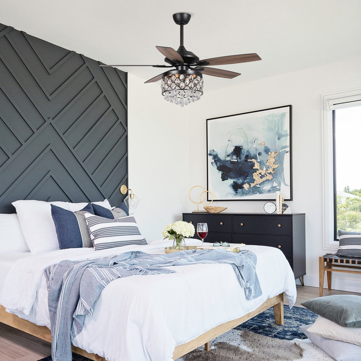 Chrome/ Crystal 4-light Chandelier/ Ceiling Fan with Remote